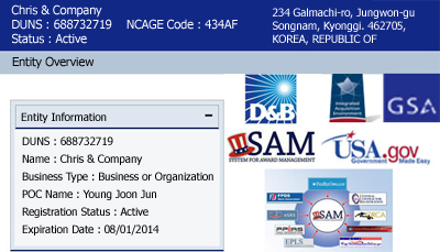 Chris & Company, DUNS : 688732719    NCAGE Code : 434AF, Status : Active, 234 Galmachi-ro, Jungwon-gu Songnam, Kyonggi. 462705, KOREA, REPUBLIC OF, DUNS : 688732719, Name : Chris & Company, Business Type : Business or Organization, POC Name : Young Joon Jun, Registration Status : Active, Expiration Date : 08/01/2014